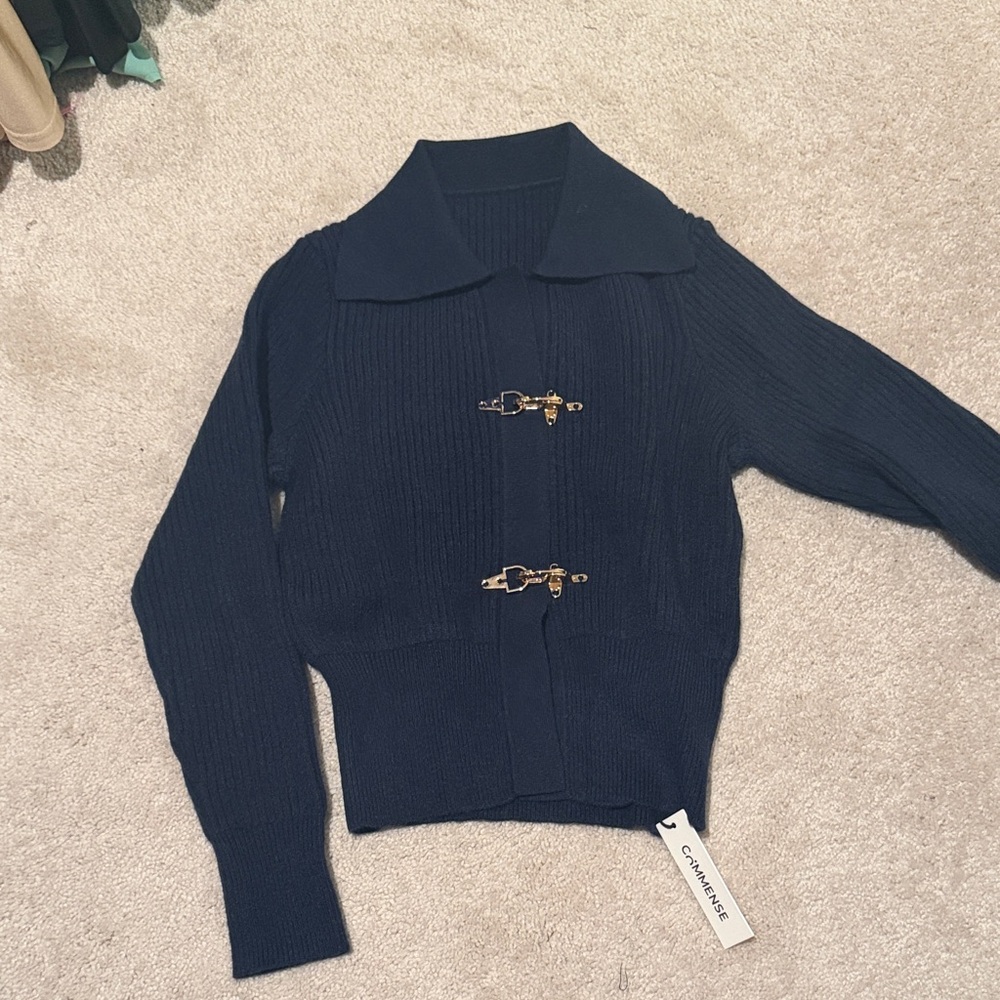 Commense Navy Cardigan with Gold Clasps